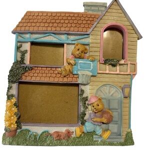 Victorian Cottage House Picture Frame Bears Ducks  & Puppy Dog holds 3 pics